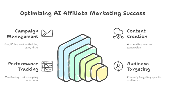 Infographic showing AI’s role in optimizing affiliate marketing success through campaign management and content creation.