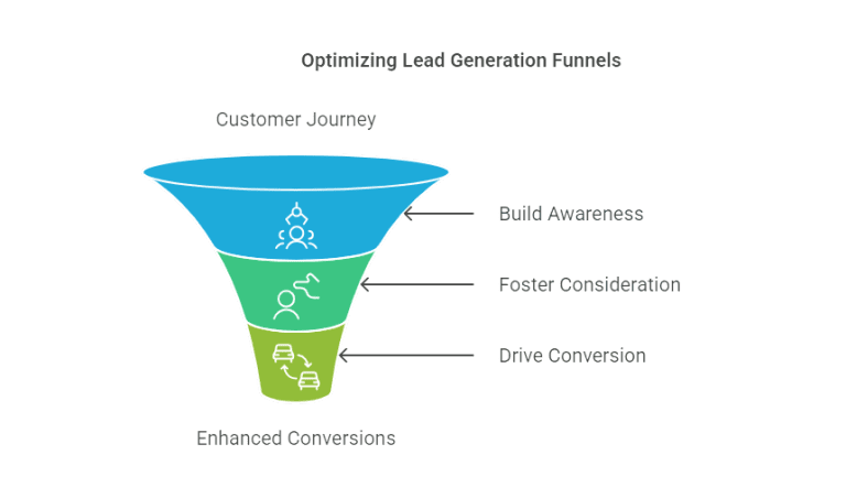 A lead generation Funnel showing stages: Build Awareness, Foster Consideration, and Drive Conversion.