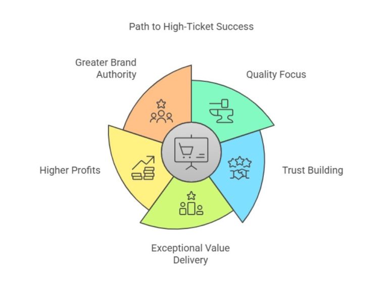 Circular infographic showing the path to high-ticket success: greater profits, brand authority, quality, and trust.