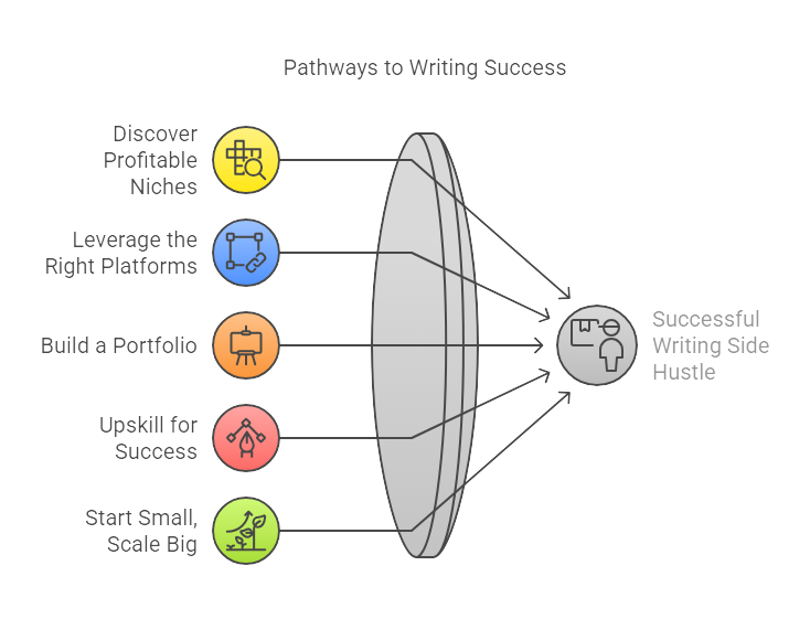 A diagram showing pathways to writing success, with five steps leading to a successful writing side hustle.