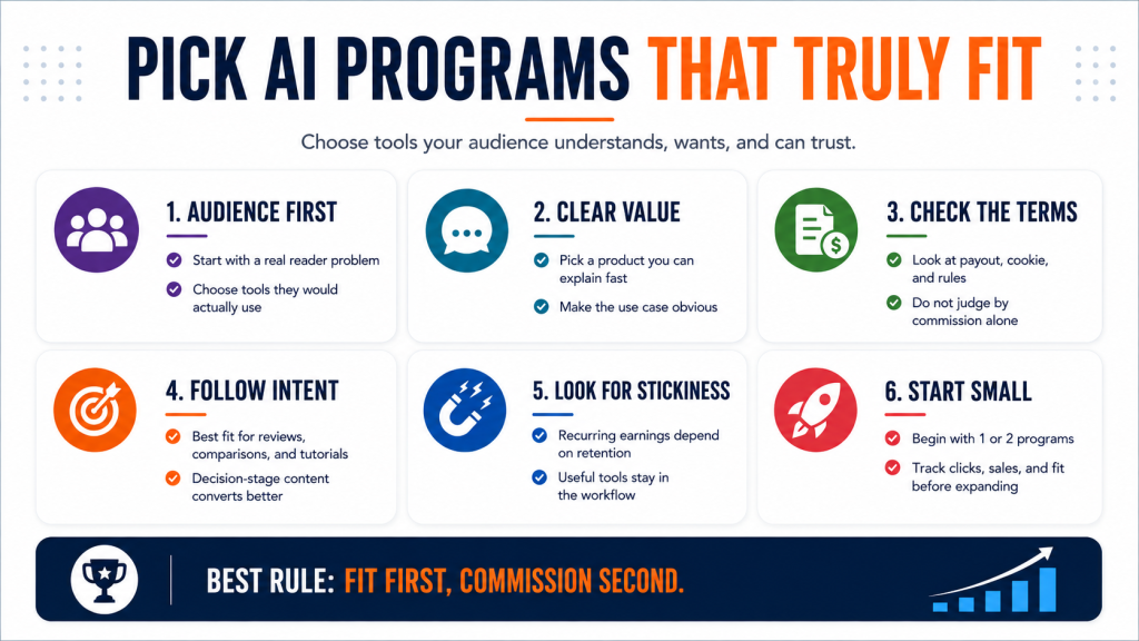 Infographic titled “Pick AI Programs That Truly Fit” showing six filters for choosing AI affiliate programs. Audience first, clear value, check the terms, follow intent, look for stickiness, and start small, with a best rule to focus on fit before commission.
