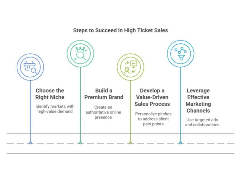 Infographic showing steps to sales success: niche selection, premium branding, value-driven sales, and effective marketing.