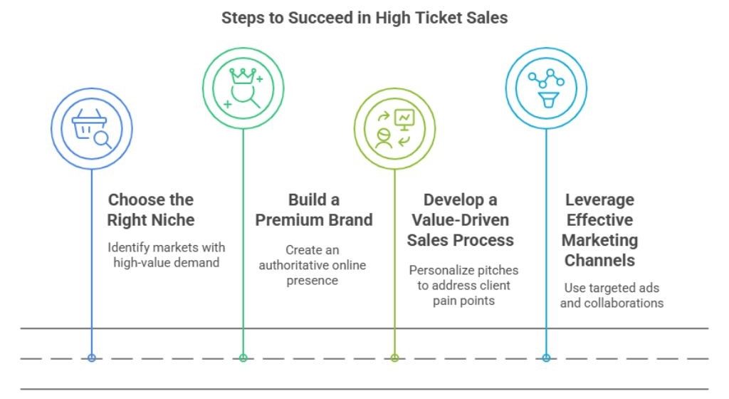 Infographic showing four steps to succeed in high-ticket sales: niche selection, premium branding, value-driven sales, and targeted marketing.