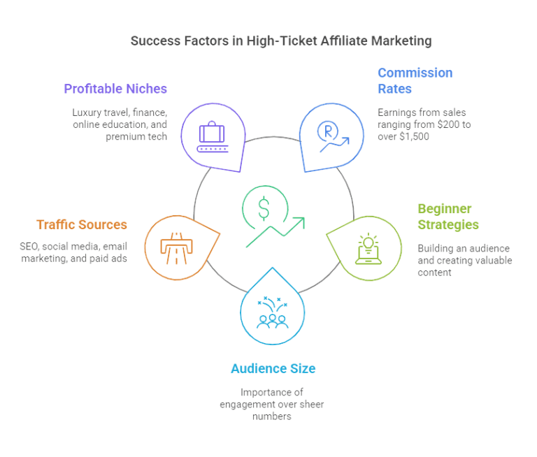 Diagram showing success factors in high-ticket affiliate marketing, emphasizing niches, commissions, traffic, audience size, and beginner strategies.