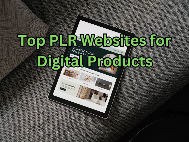 Tablet showing a digital marketplace on a gray fabric surface with text highlighting top PLR websites for digital products.