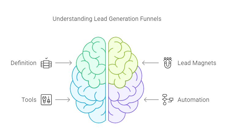 Brain-shaped diagram outlining lead generation funnel components: Definition, Tools, Lead Magnets, and Automation.