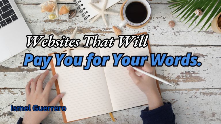 Open notebook with a hand holding a pen, coffee cup, laptop, seashells, and palm leaf on a rustic wooden table with the text Get Paid to write: "Websites That Will Pay You for Your Words."