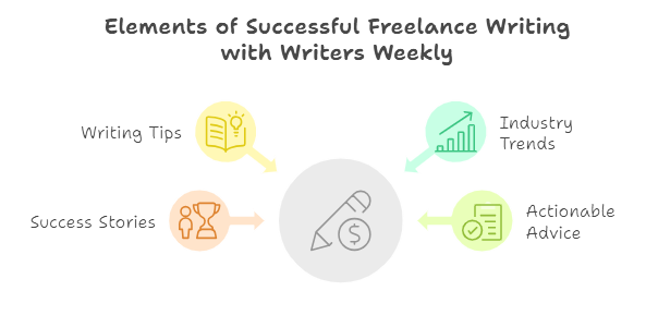 get Paid to Write: Infographic showing successful freelance writing tips with Writers Weekly, including writing tips and industry trends.