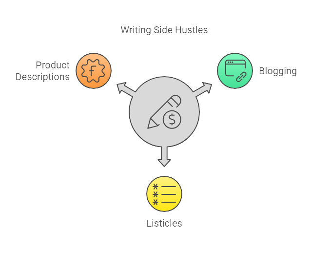 Graphic showing writing side hustles including product descriptions, blogging, and listicles.