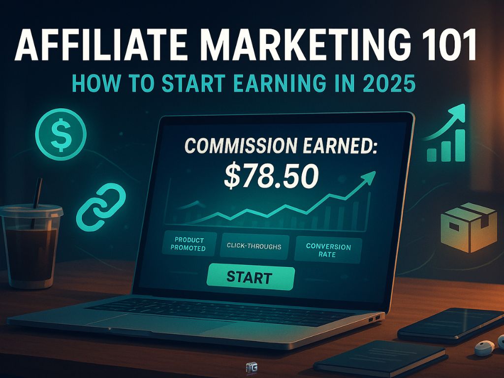 Laptop screen showing affiliate commission earnings with dashboard metrics; headline reads "Affiliate Marketing 101 – How to Start Earning in 2025"; surrounded by icons of links, money, and conversions.