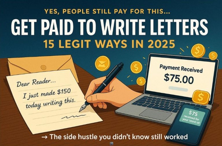 Illustration of a hand writing a letter that says “Dear Reader… I just made $150 today writing this,” next to a laptop and phone both showing $75 payments received, with coins floating in the background and bold text that reads “Get Paid to Write Letters – 15 Legit Ways in 2025.”
