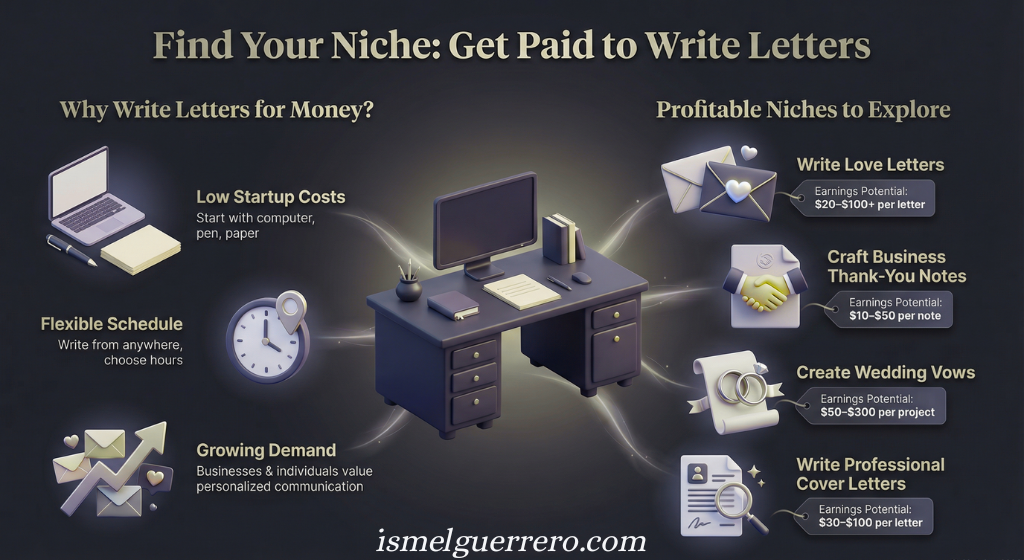Visual guide showing how to make money writing letters, with benefits like low startup costs and flexible schedule, plus niches like love letters, thank-you notes, and cover letters.