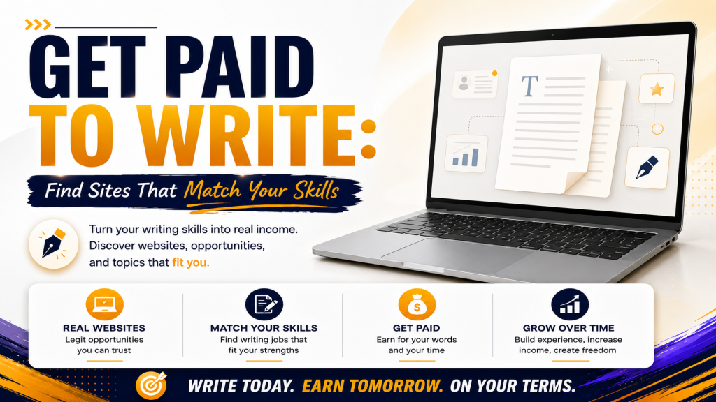 Hero image titled “Get Paid to Write: Find Sites That Match Your Skills” showing a laptop with writing graphics and key points for real websites, matching your skills, getting paid, and growing over time.