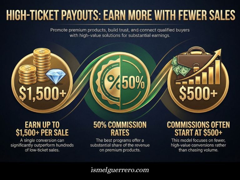 Infographic showing benefits of high-ticket affiliate marketing: $1,500+ earnings per sale, 50% commission rates, and $500+ starting commissions.