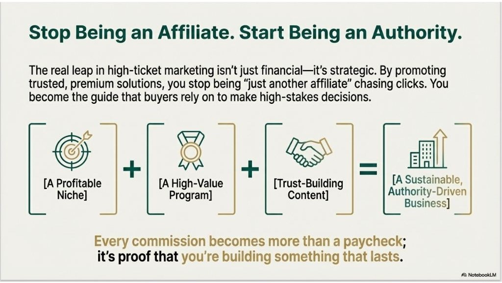 Authority-building formula for affiliates: profitable niche plus high-value program plus trust-building content equals sustainable affiliate business.