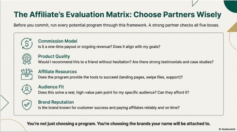 Affiliate program evaluation matrix with five criteria: commission model, product quality, resources, audience fit, and brand reputation.