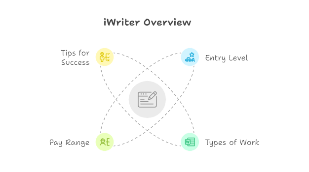 Graphic highlighting iWriter’s platform with tips for success, entry-level writing opportunities, pay range, and work types.