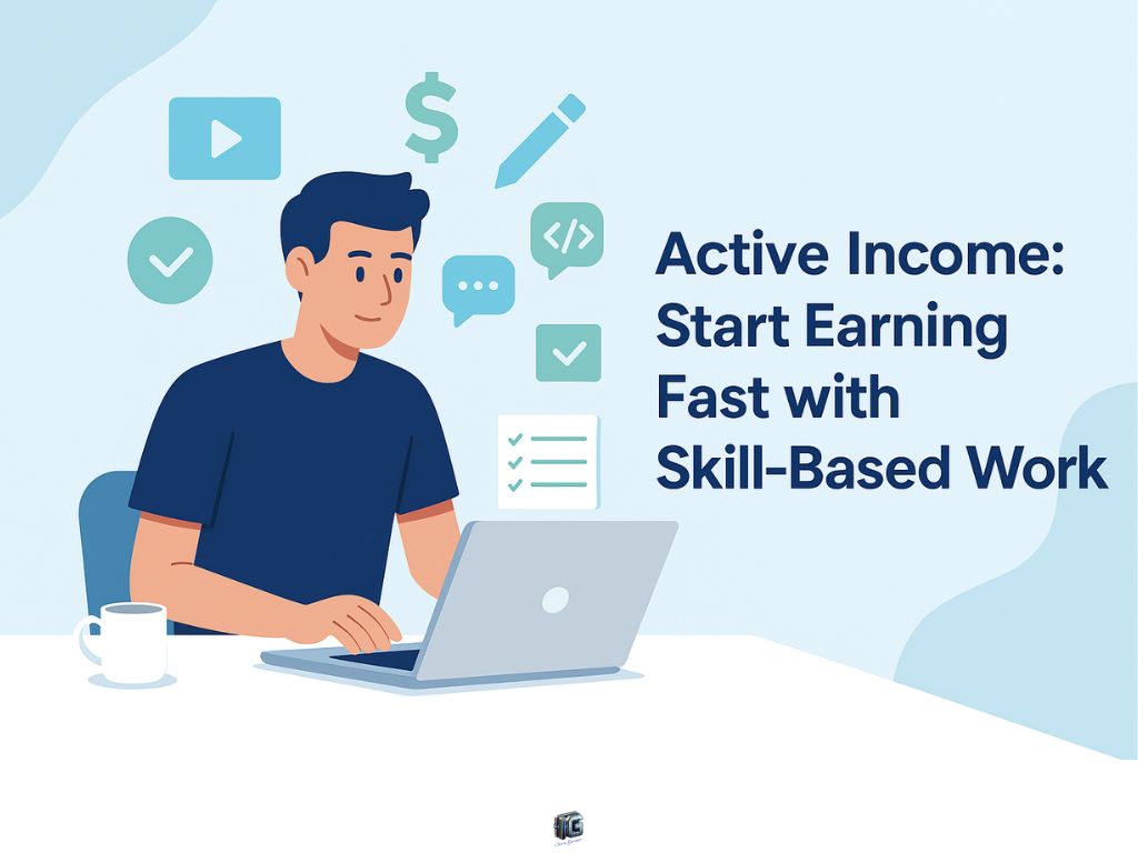 Illustration of a young man working on a laptop surrounded by icons representing skills like coding, video creation, and content writing, promoting ways to quickly start earning active income through skill-based work.