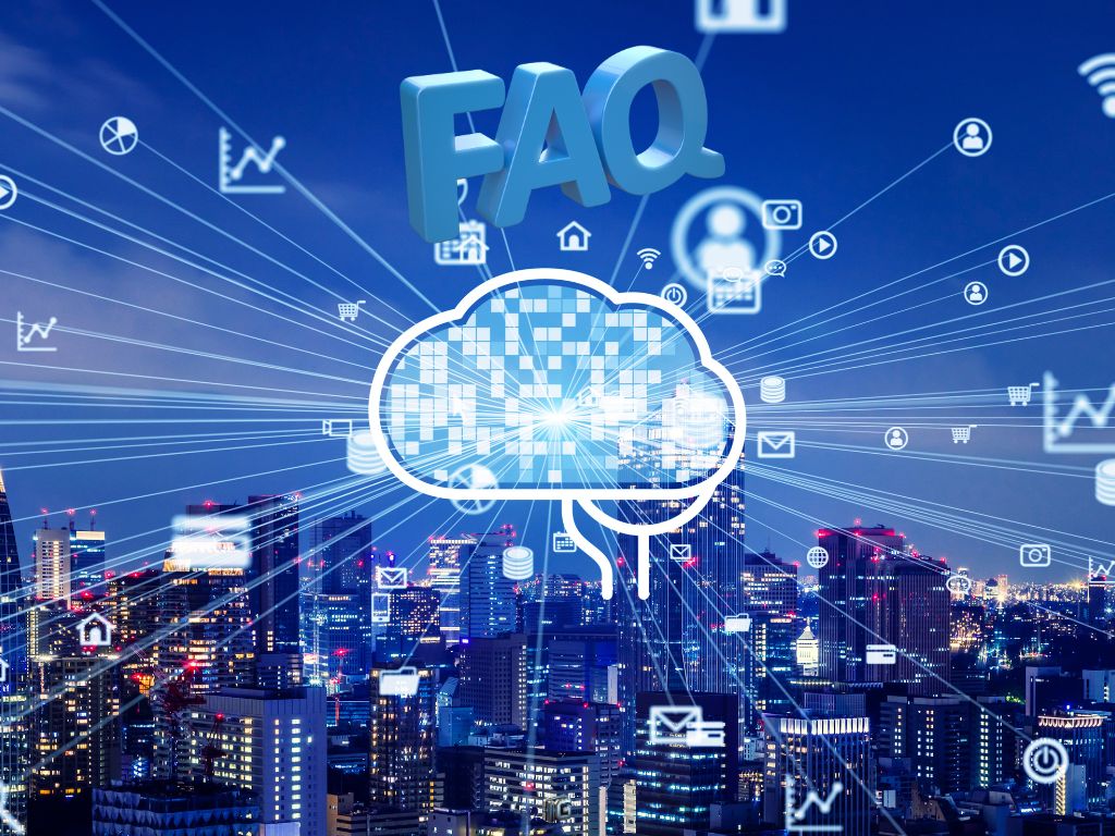 Digital marketing FAQ concept with cloud technology and AI icons over city skyline at night.