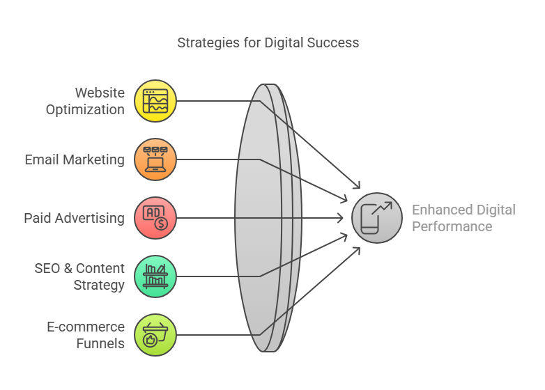 Infographic showcasing five digital success strategies: website optimization, email marketing, paid advertising, SEO & content strategy, and e-commerce funnels leading to enhanced digital performance.