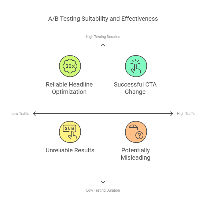A/B testing effectiveness chart categorizing results into four areas: reliable headline optimization, successful CTA changes, unreliable results, and potentially misleading data.