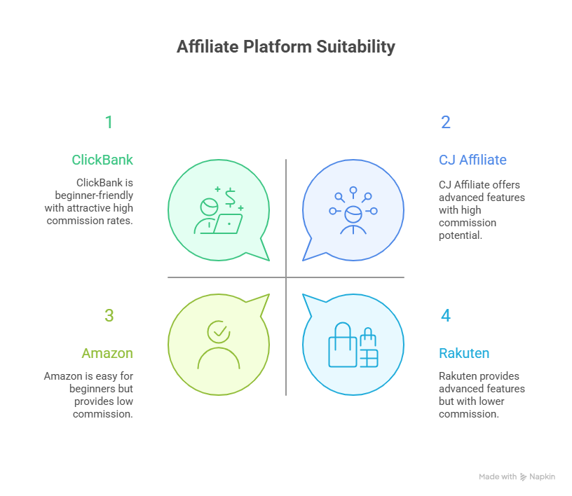 Infographic ranking four affiliate platforms by suitability: ClickBank, CJ Affiliate, Amazon, and Rakuten, with icons and brief descriptions