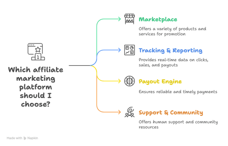 Infographic listing key features of affiliate marketing platforms: marketplace, tracking and reporting, payout engine, and support community.