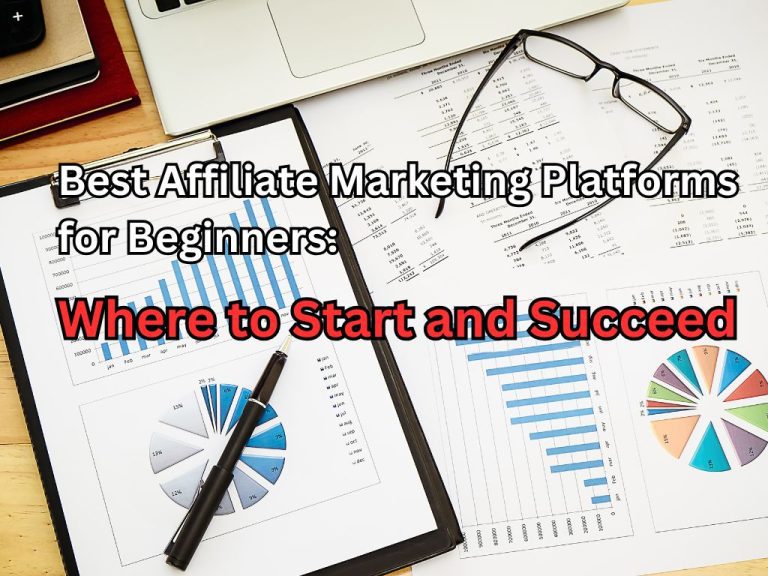 Desk setup with charts, graphs, glasses, and a pen, titled "Best Affiliate Marketing Platforms for Beginners: Where to Start and Succeed.