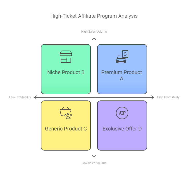 A quadrant chart analyzing high-ticket affiliate programs, comparing profitability and sales volume across different product types. Would you like any modifications or additional details for these?
