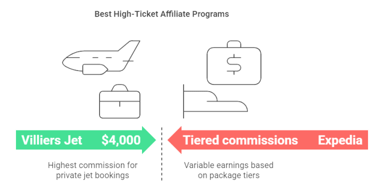 Infographic comparing Villiers Jet's $4,000 commissions with Expedia's tiered commission structure in high-ticket affiliate marketing.