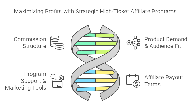 Infographic detailing key factors for high-ticket affiliate marketing success, including commission structure, audience fit, and payout terms.