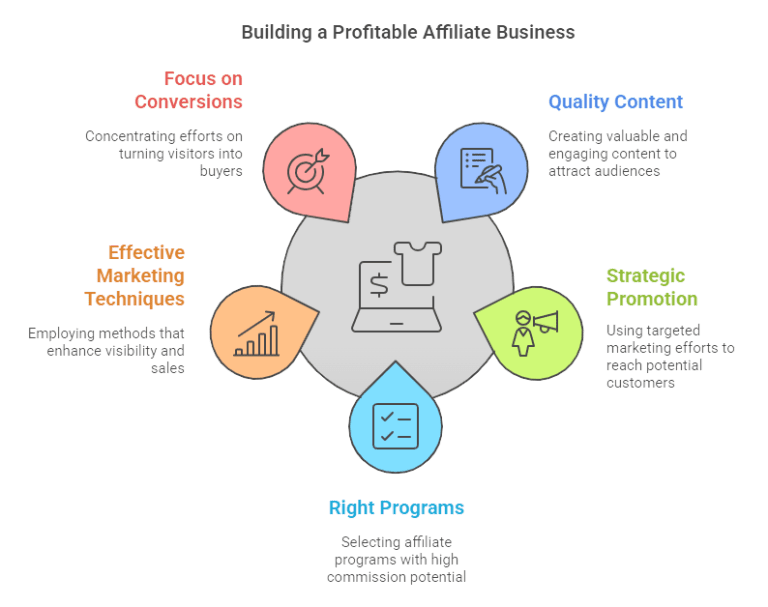 Infographic outlining key elements of a profitable affiliate business, including marketing techniques, content quality, and conversion strategies.