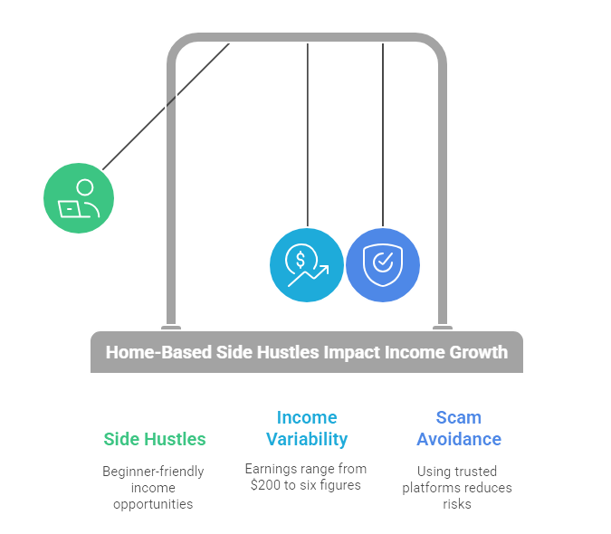 A balance scale illustrating how home-based side hustles impact income growth, earnings potential, and scam prevention.