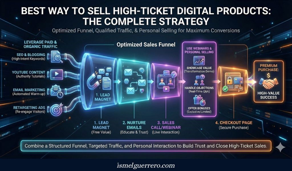 Visual strategy showing funnel stages for selling high-ticket digital products, from traffic to lead magnets, nurturing emails, webinars, and secure checkout.