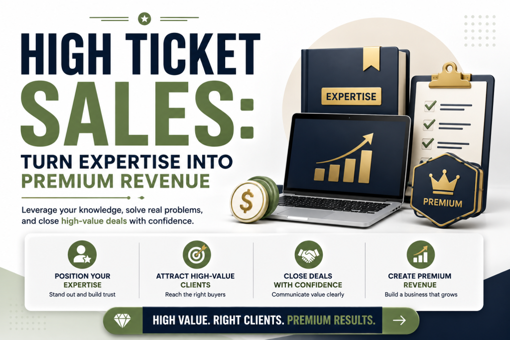 Hero image titled “High Ticket Sales. Turn Expertise Into Premium Revenue” showing a laptop, expertise folder, checklist, premium badge, and growth chart, with key points about positioning expertise, attracting high value clients, closing deals with confidence, and creating premium revenue.