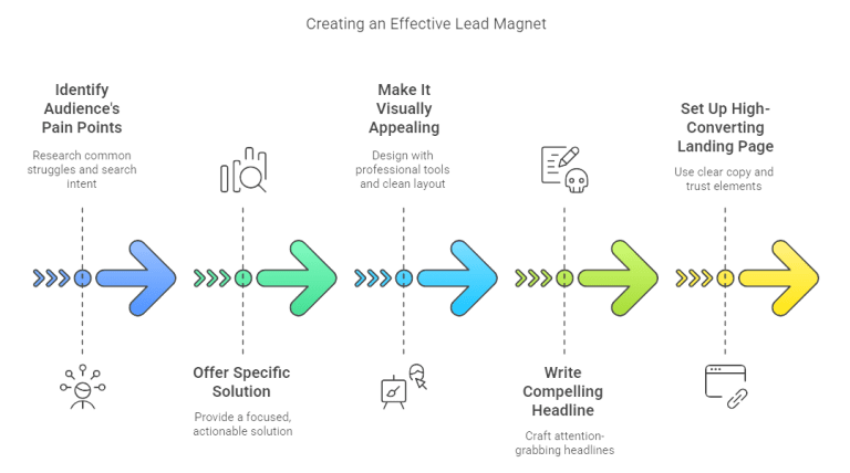Step-by-step infographic illustrating the process of creating an effective lead magnet, from identifying pain points to setting up a high-converting landing page.