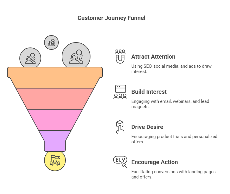 Customer journey funnel diagram illustrating stages such as attracting attention, building interest, driving desire, and encouraging action.