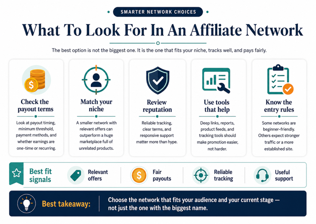 Infographic showing what to look for in an affiliate network, including fair payouts, relevant offers, reliable tracking, useful tools, strong support, and clear entry rules.