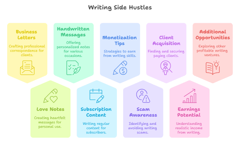 A colorful infographic detailing writing side hustle opportunities like business letters, handwritten messages, love notes, and subscription-based services.