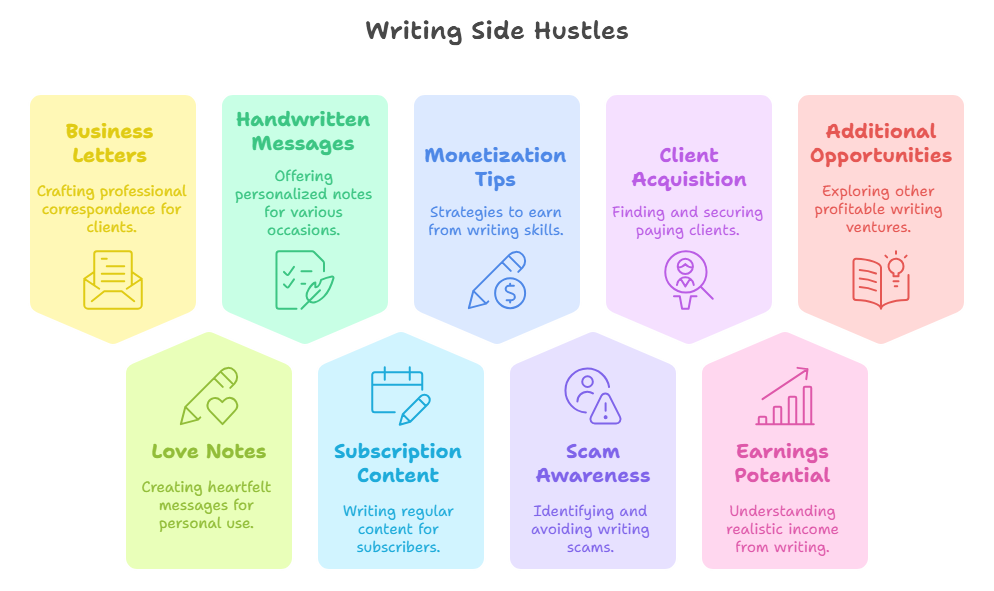 A colorful infographic detailing writing side hustle opportunities like business letters, handwritten messages, love notes, and subscription-based services.