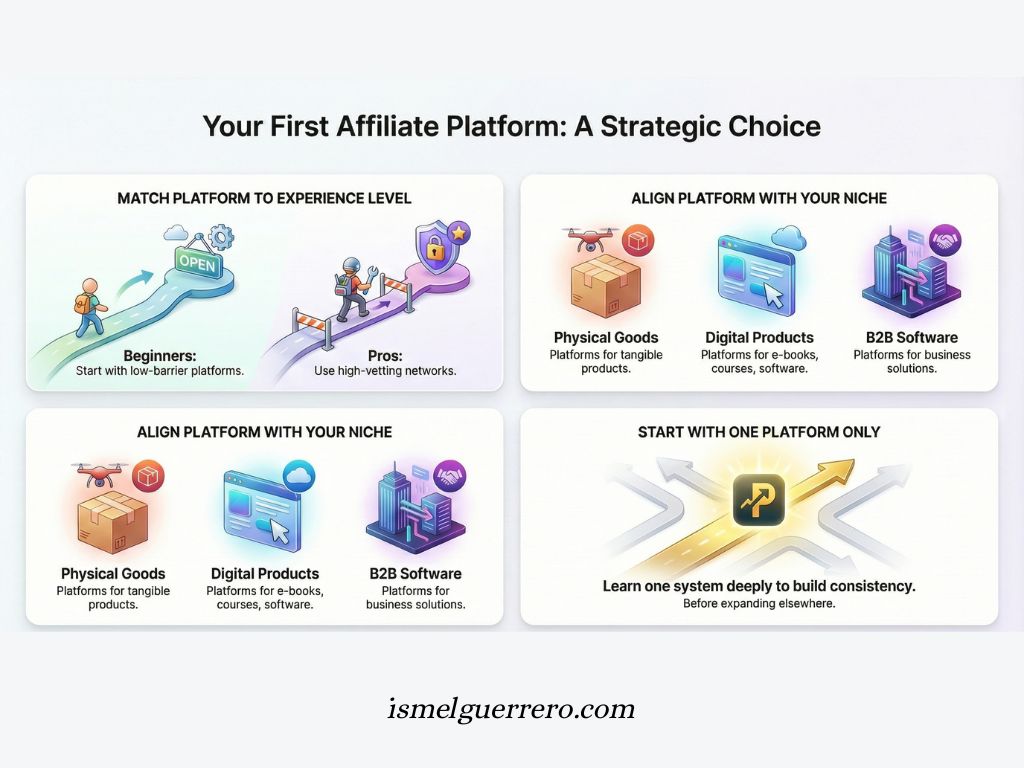 Infographic outlining how to choose your first affiliate marketing platform based on experience and niche.