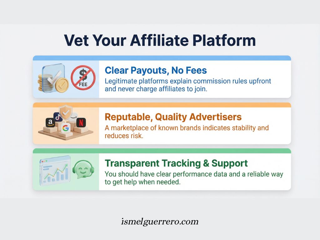 Infographic showing how to vet an affiliate marketing platform with tips on payouts, advertiser quality, and tracking transparency.