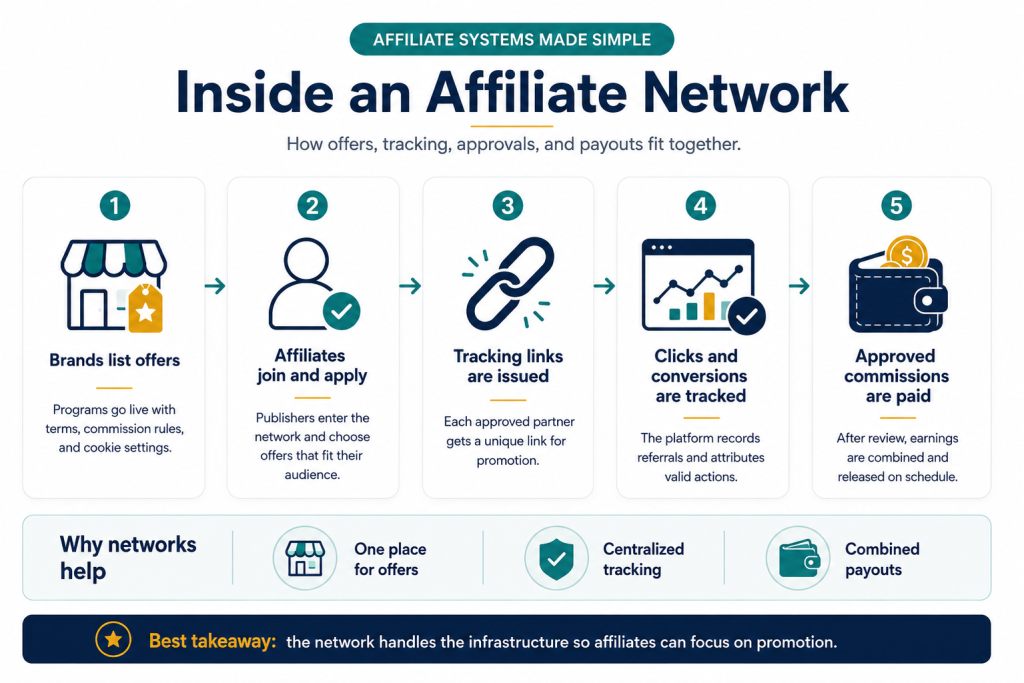 Infographic showing how an affiliate network works. Brands list offers. Affiliates apply. Tracking links are created. Conversions are tracked. Approved commissions are paid.