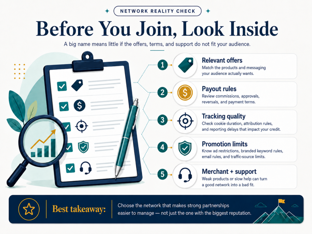Infographic showing what to check before joining an affiliate network, including relevant offers, payout terms, tracking quality, promotion limits, and merchant support.