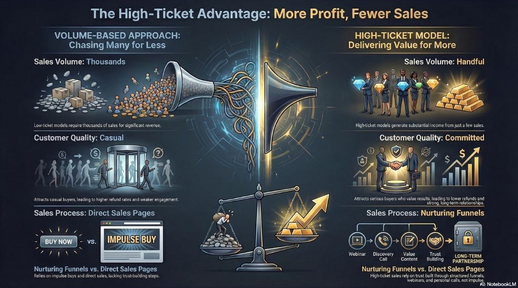 Infographic comparing low-ticket and high-ticket affiliate models with icons showing sales funnels, casual vs. committed buyers, and different sales processes.
