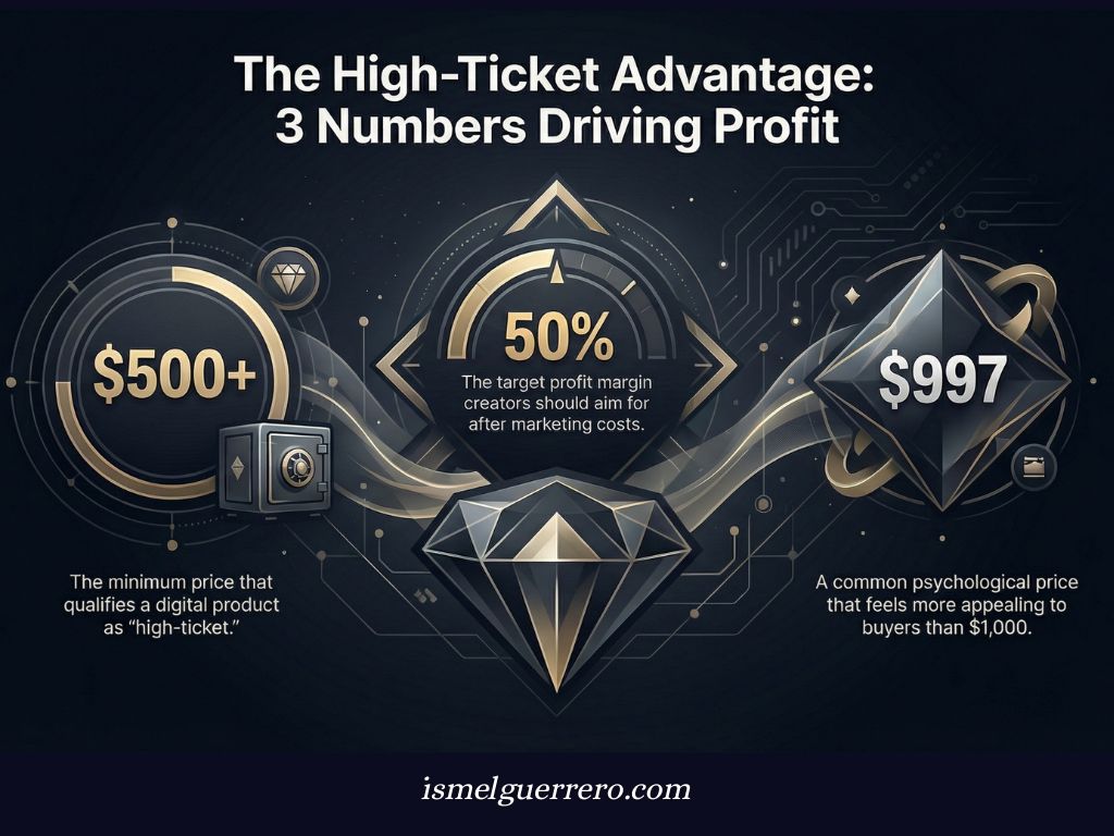 Infographic showing $500+, 50%, and $997 as key numbers for high-ticket digital product strategy with futuristic icons and financial symbols.