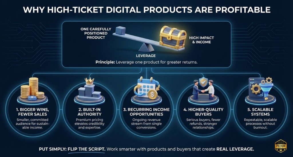 Infographic showing five reasons high-ticket digital products work: bigger wins, authority, recurring income, quality buyers, and scalable systems, all centered on leverage.