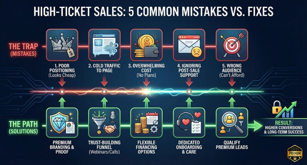 Visual chart comparing 5 common high-ticket sales mistakes with their fixes: poor positioning, cold traffic, no financing, no support, and wrong audience.