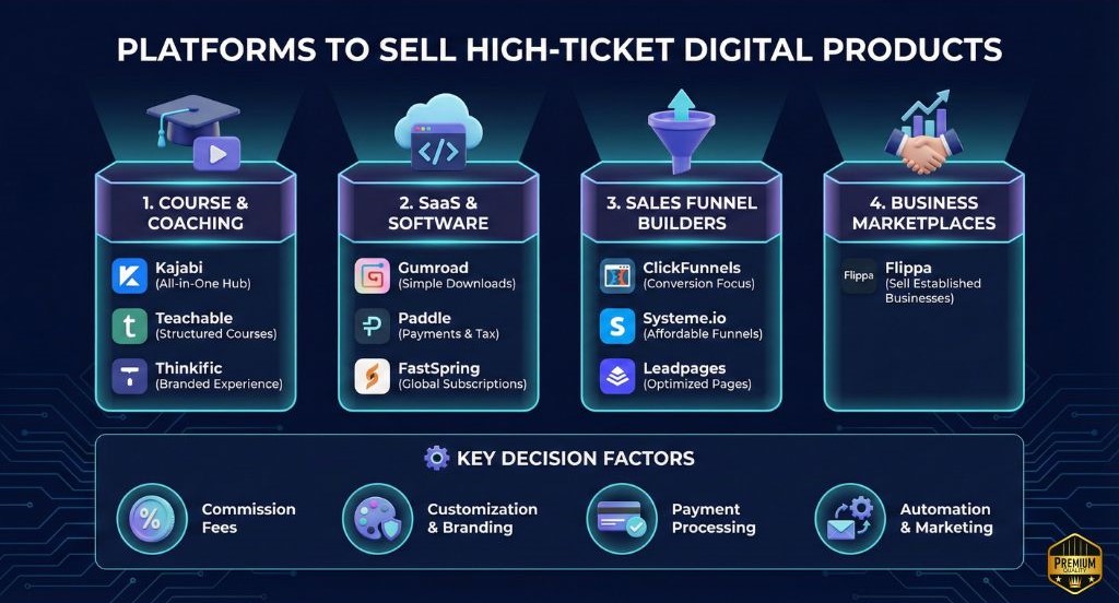 Infographic listing top platforms for selling high-ticket digital products including Kajabi, Gumroad, ClickFunnels, Flippa, and more by category.