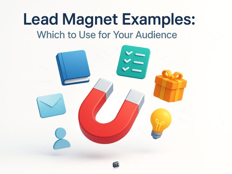 3D illustration of a red magnet surrounded by icons representing different lead magnet examples like checklist, ebook, gift, and lightbulb.